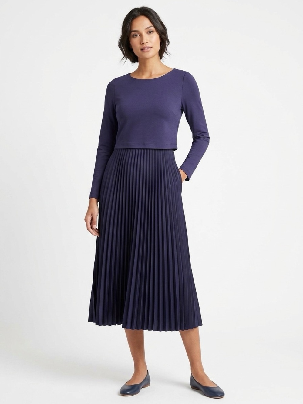 NWT Soft Surroundings Navy Blue Pleated Midi Dress Long Sleeves Layered Sz XSP